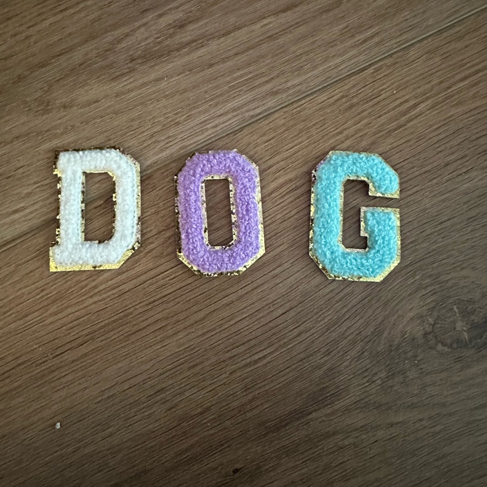 Gold-Trimmed Dog Letters - White, Purple, Blue iron on patch
